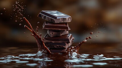 Dark chocolate splash with cracked pieces stacked atop, high resolution food styling.