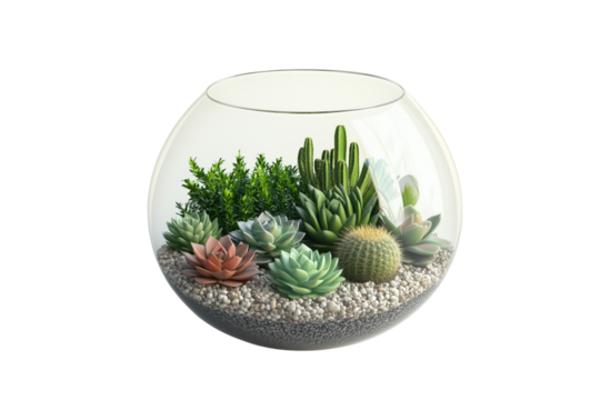 a terrarium with succulents and cacti inside a glass bowl isolated on a transparent background