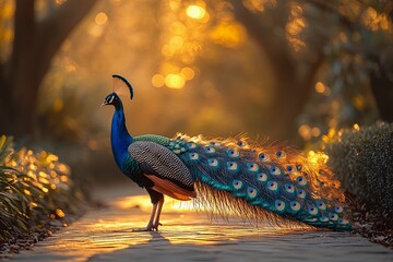 Peacock walking along an ancient stone road surrounded by nature and greenery