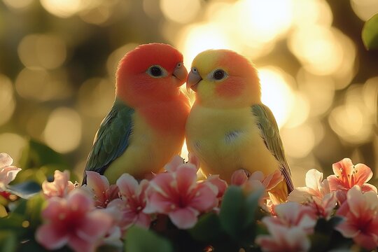 Pair of lovebirds sitting closely together on a branch in a natural setting