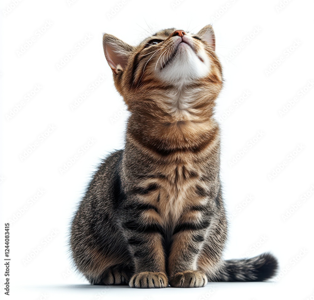 Poster adorable tabby kitten looking up with curiosity and innocence in a bright studio setting on a white 