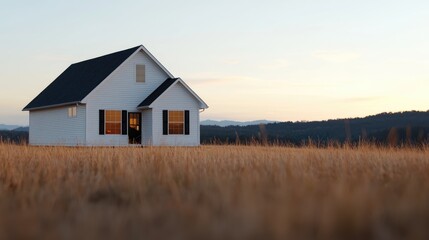 Obraz premium Modern house, sunset field, mountain view, rural landscape, real estate