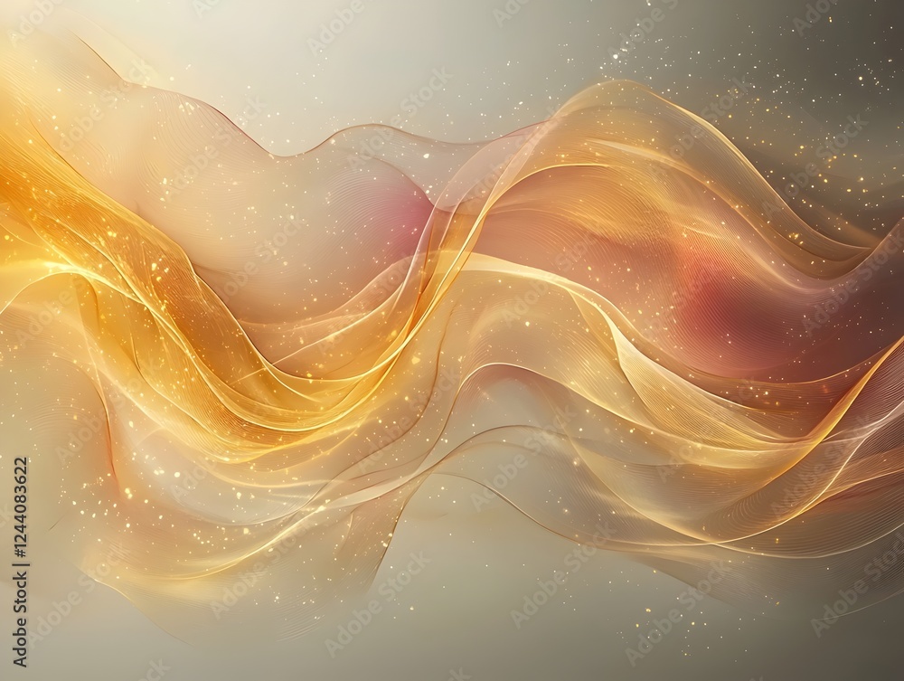 Poster an abstract composition of flowing golden waves intertwined with soft hues, creating a sense of eleg