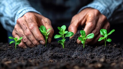 Hands Planting Seedlings in Dark Soil
