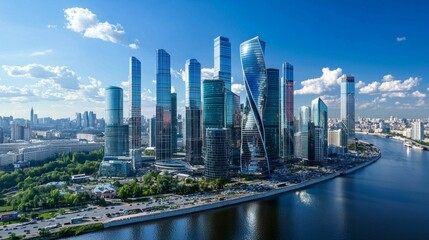 Gleaming skyscrapers rise majestically against a clear blue sky, reflecting sunlight as the river flows gently by. A vibrant city teems with life and innovation