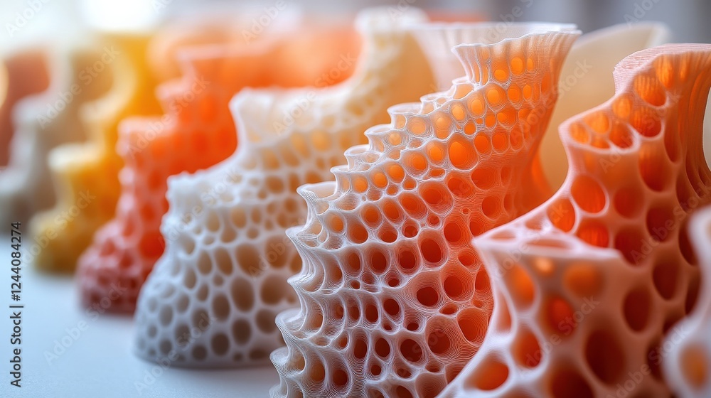 Poster intricate 3d-printed sculptures in gradient colors displayed on a white surface