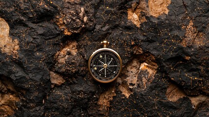 Celestial compass on dark rock, starry background, adventure concept
