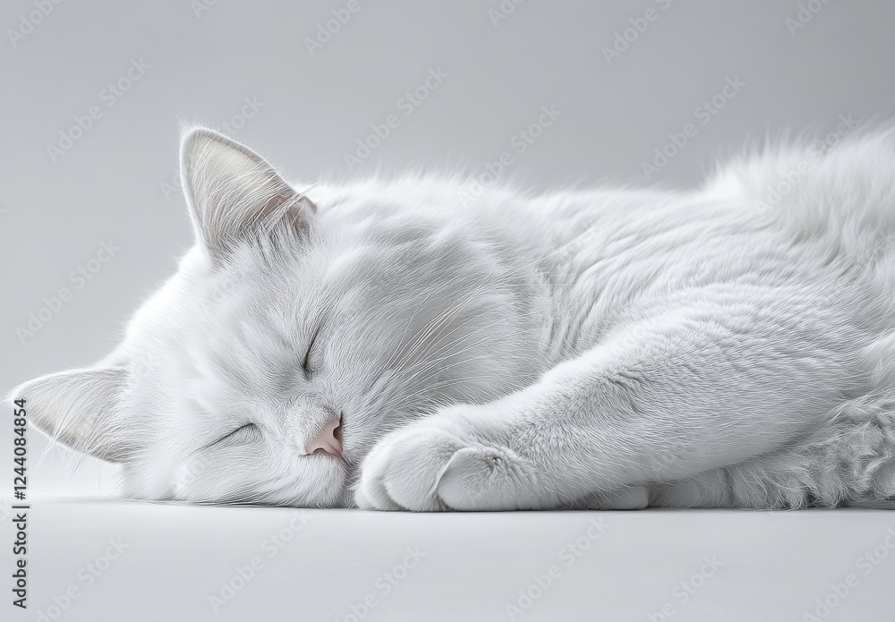 Poster adorable white cat sleeping peacefully on soft surface with soft lighting and minimalistic backgroun