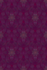 Seamless gold Pattern Design mandala of Sacred Geometry background. Luxury geometric arabesque, Textile Oriental ornament. Abstract flowers symbol, vector texture for web and print isolated on purple