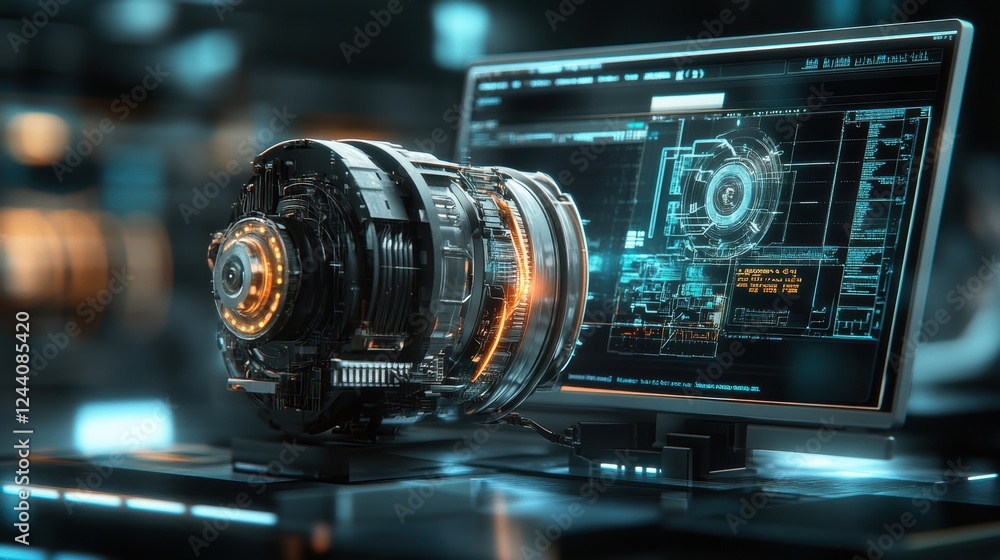 Poster high tech, futuristic engine glowing with orange light sits beside a computer screen displaying its 