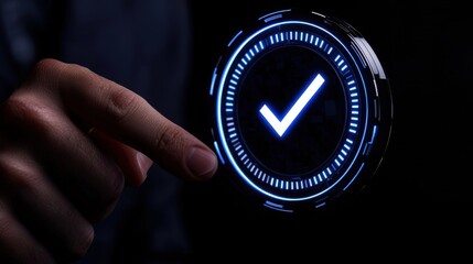 A person touching a glowing digital checkmark symbolizing approval and completion in a modern interface.
