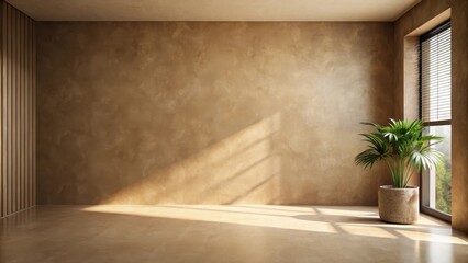 Fototapeta premium Sunlit Minimalist Room with Textured Wall and Potted Plant