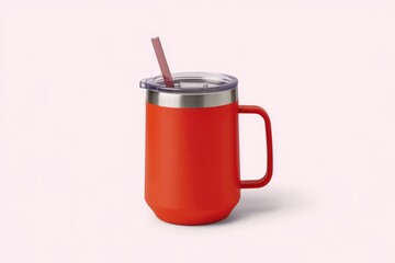A red stainless steel travel mug with a lid and straw, perfect for on-the-go beverages.