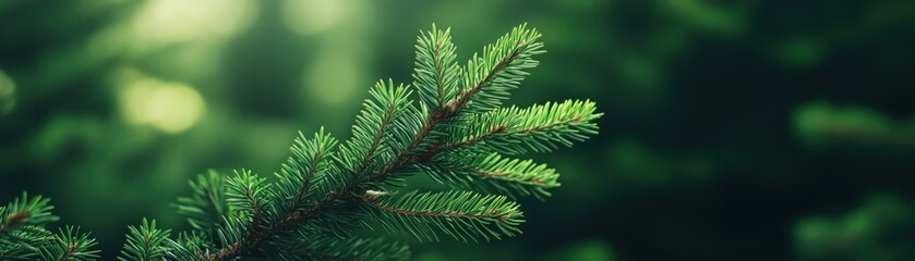 Naklejka premium Close-Up of Fresh Evergreen Pine Branch Against Blurred Green Background