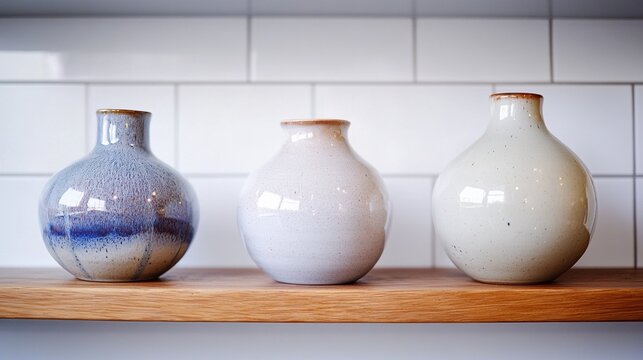 Display of unique handcrafted ceramic vases drying on wooden shelves in a pottery studio during National Craft Month - Powered by Adobe