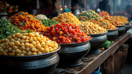 Colorful display of fresh ingredients at a bustling outdoor market in the late afternoon