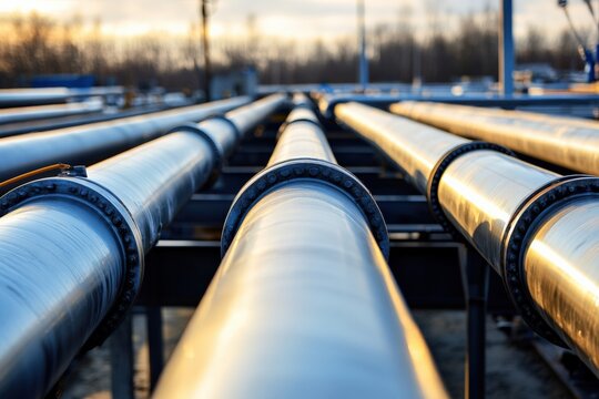 Steel pipes arranged in a parallel layout at a construction site during sunset. Generative AI