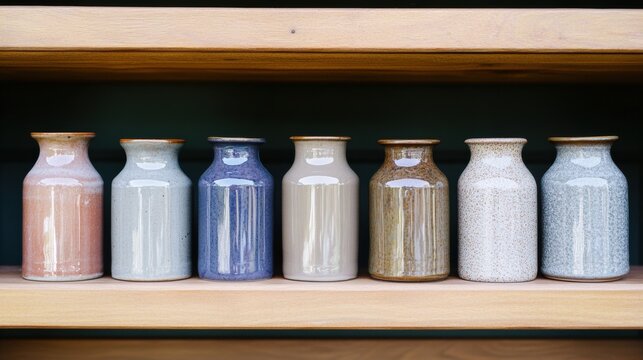 Display of handcrafted ceramic vases in earthy hues, drying in a well lit studio during National Craft Month