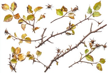 Set dry green and brow rose branch isolated on white background