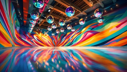 Colorful Room  Disco Balls  Abstract Mural  Shiny Floor