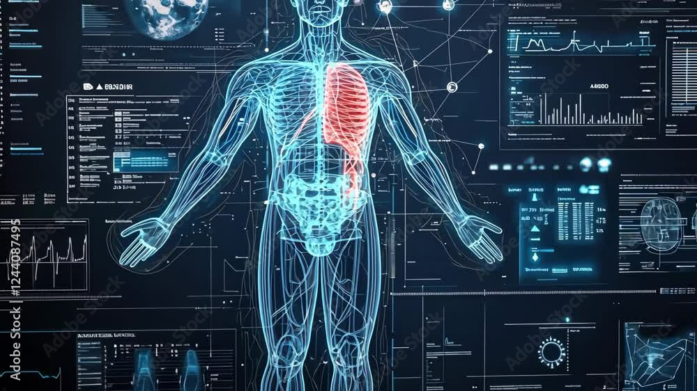 Poster futuristic human anatomy interface display with interactive digital dashboards