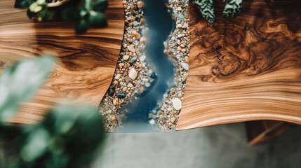 Close up of a stunning epoxy river table showcasing deep blue resin flowing through rich walnut wood during National Craft Month celebration