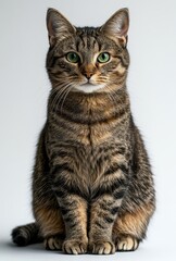 Obraz premium Beautiful tabby cat with striking green eyes sitting attentively against a light background showcasing its distinct fur patterns and playful demeanor