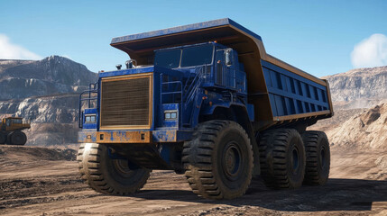Fototapeta premium Dump truck. Abstract 3d large dumper on blue. Low pole. Mining machinery, industry equipment, Heavy career truck, open extraction, anthracite coal, gold mining, australian quarry, dumptruck concept