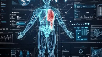Futuristic human anatomy interface display with interactive digital dashboards - Powered by Adobe
