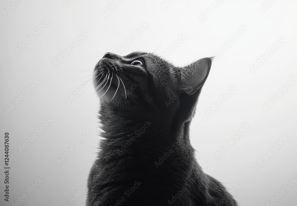 Poster black cat gazing upward in minimalist style with soft light and elegant shadows for artistic and cre