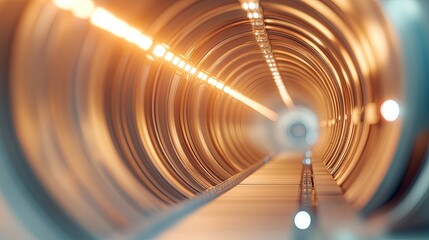 futuristic view down lhc tunnel with glowing light reflections creating dynamic perspective