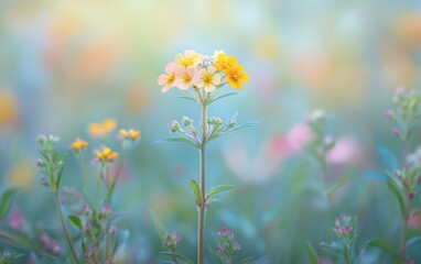 Close-up of delicate yellow and white flower in soft-focus field.