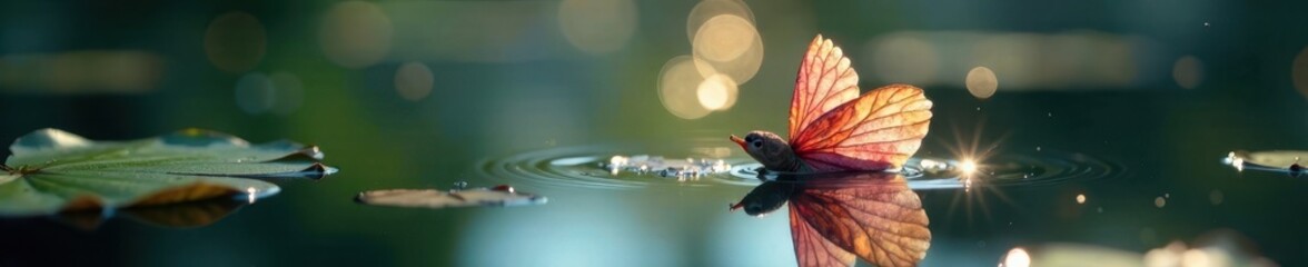 Fototapeta premium Tiny iridescent wings skim serene pond surface, nature, sun