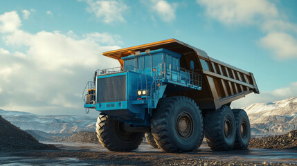 Obraz premium Dump truck. Abstract 3d large dumper on blue. Low pole. Mining machinery, industry equipment, Heavy career truck, open extraction, anthracite coal, gold mining, australian quarry, dumptruck concept