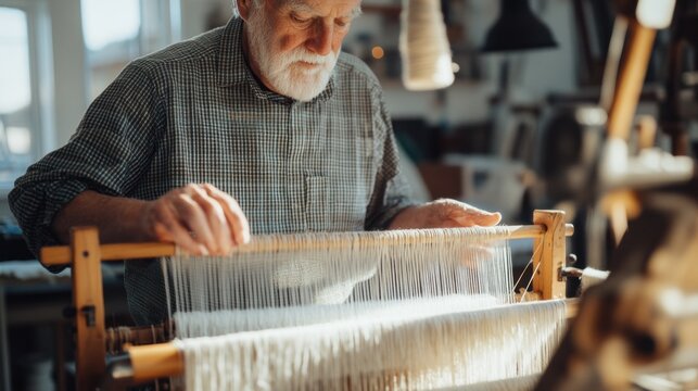 Elderly artisan weaving intricate patterns on a wooden loom in a rustic workshop filled with warm golden light