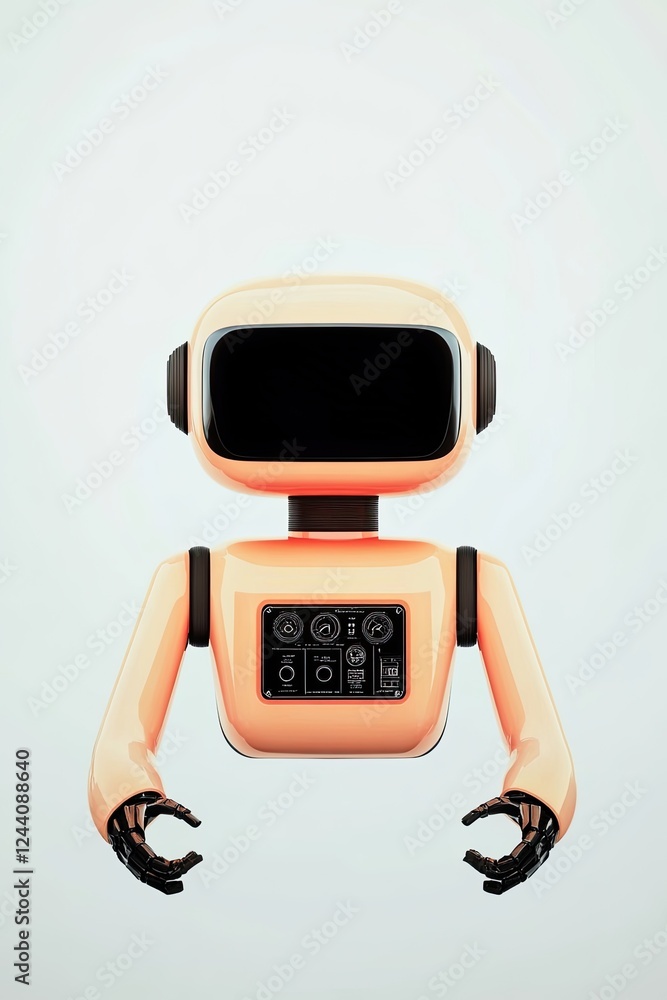 Poster glowing retro-style robot with rounded edges and vintage control panels set against minimal backgrou