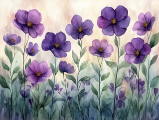 Watercolor Floral Frame with Purple and Green Flowers on White Background