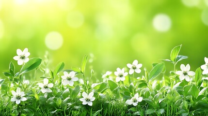 Delicate white flowers bloom in vibrant green grass