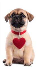 Obraz premium Adorable pug puppy with a red heart-shaped ornament, radiating cuteness and charm.