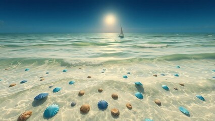 The ocean is vast and expansive, with gentle waves rolling toward the shore