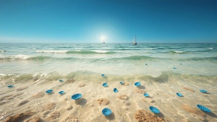 The ocean is vast and expansive, with gentle waves rolling toward the shore