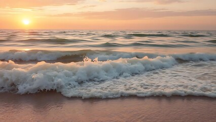  stunning ocean scene at sunset, where the sky transitions into rich hues of orange, pink, and purple as the sun begins to set on the horizon