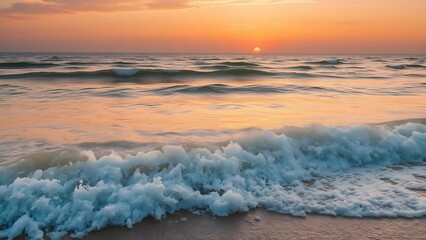  stunning ocean scene at sunset, where the sky transitions into rich hues of orange, pink, and purple as the sun begins to set on the horizon