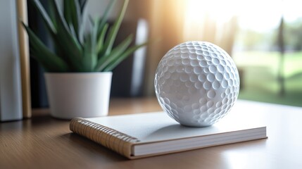 A single golf ball sitting on top of a book, ready for use