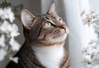 Cat Gazing Out of Window Surrounded by Delicate White Flowers in a Bright and Cozy Interior Setting