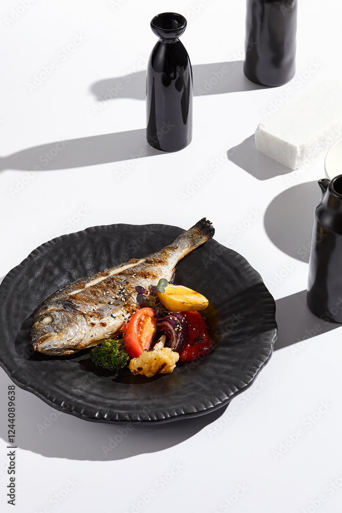 Poster grilled dorado with vegetables on textured plate in minimalist setting