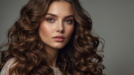 Fototapeta premium Brown-haired woman with curly locks poses for a portrait against a neutral background in a soft light setting