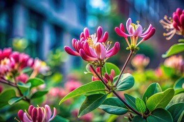 Fototapeta premium Urban exploration reveals vibrant pink Lonicera etrusca honeysuckle blossoms.