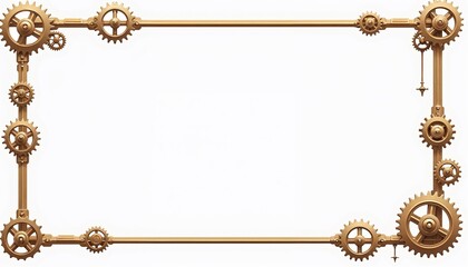 Flat vector-style steampunk frame with simple gear shapes in bronze and gold on transparent background