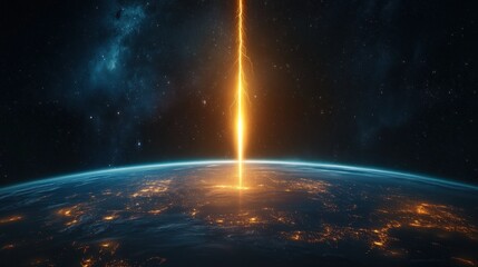 Spectacular celestial event: meteor impacting earth with fiery streak in night sky